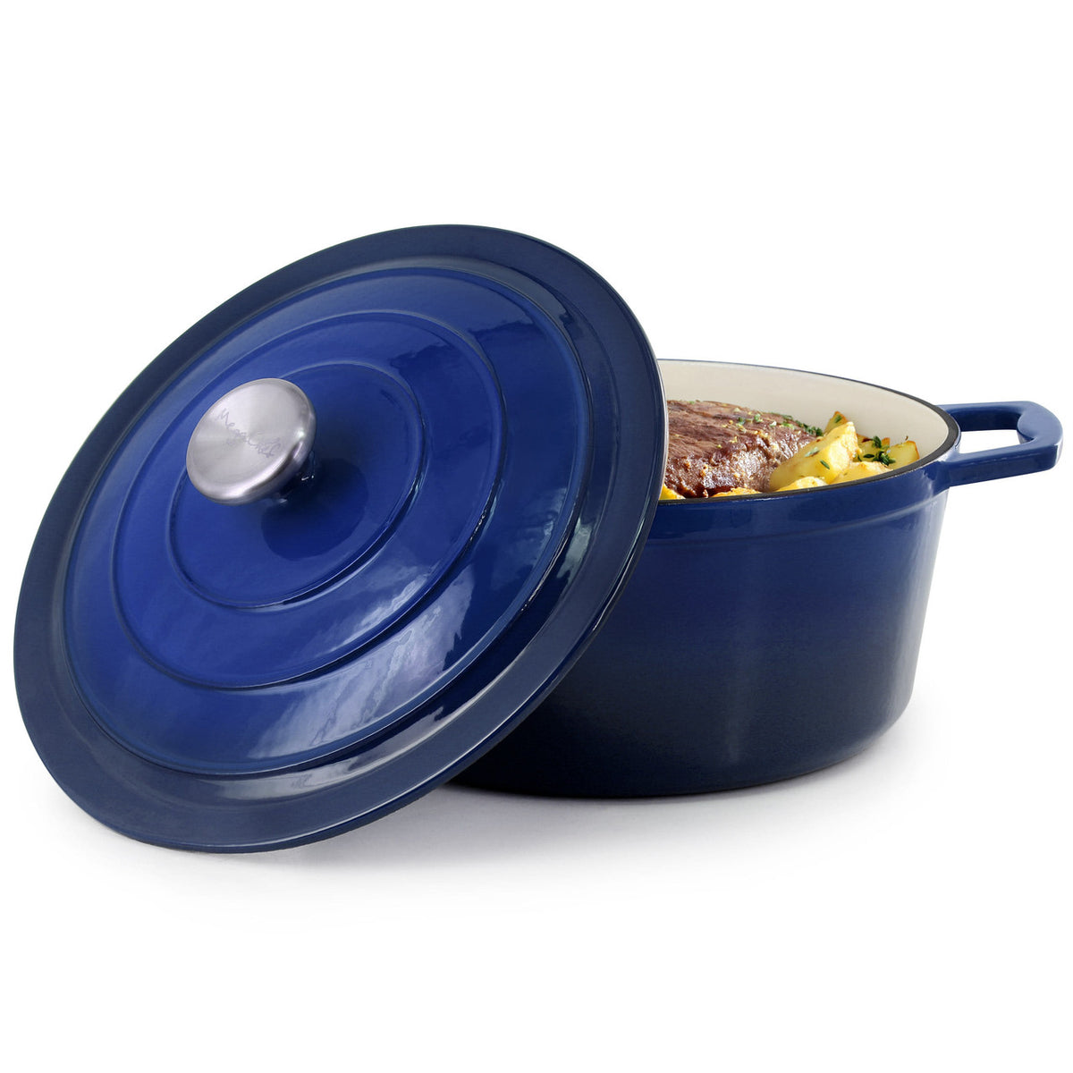 MegaChef 5 Quarts Round Enameled Cast Iron Casserole with Lid in Gradient Dark Blue-0